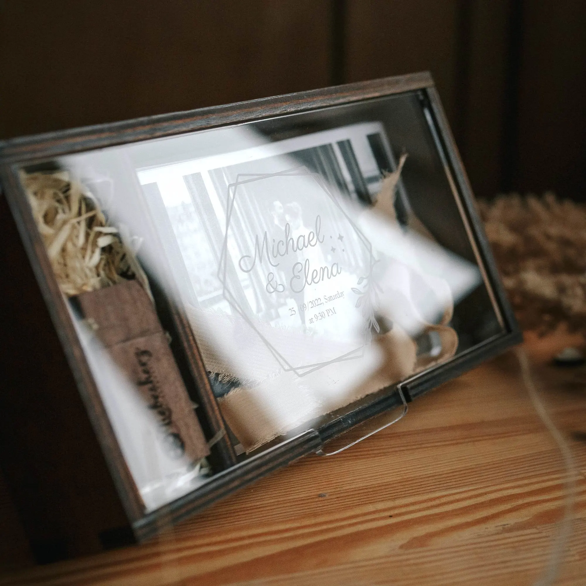 Wooden Folk Art Photo Box with Acrylic Lid Personalised 15x10 cm Wedding Prints USB Flash Drive Holder Gift for Couples