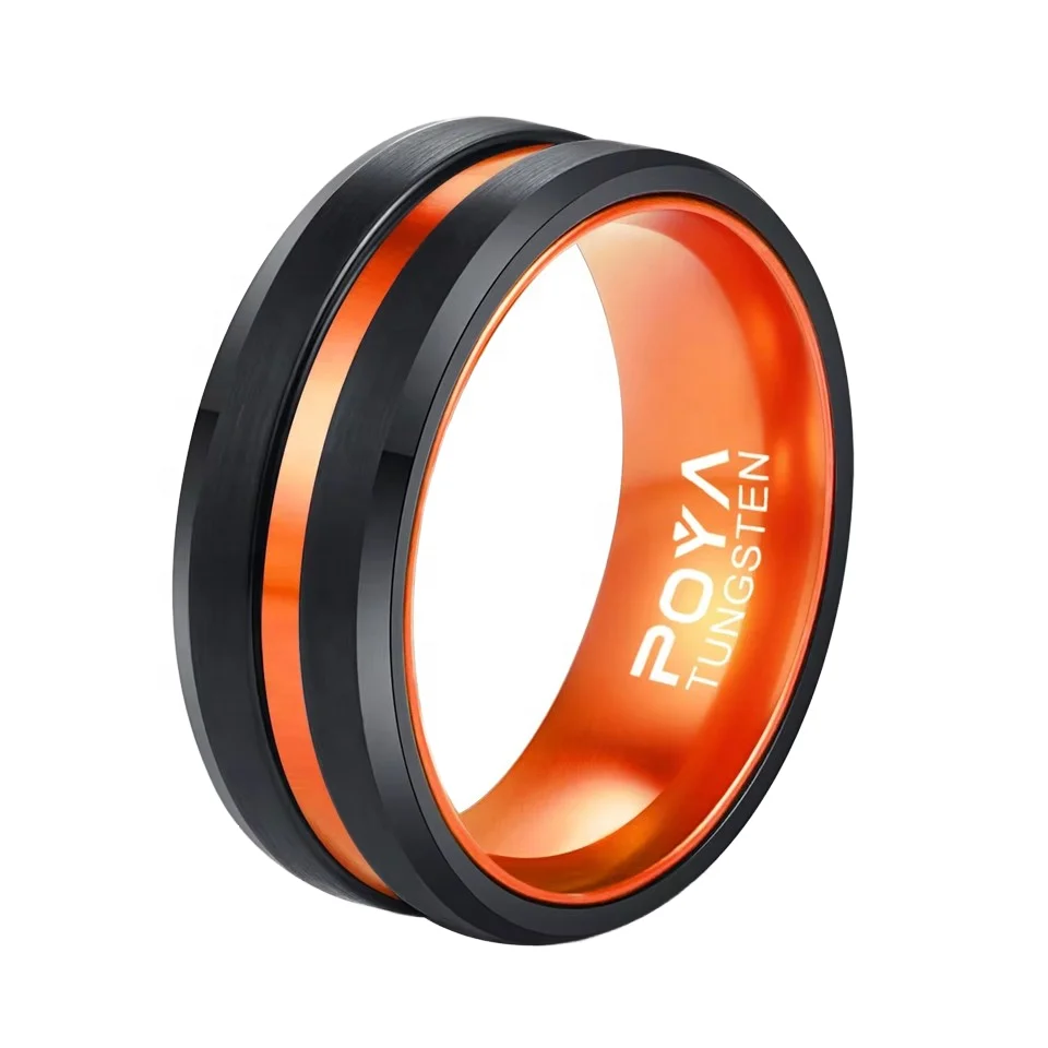 POYA 8 mm Orange Ring Black Plated Tungsten Wedding Band with Anodized Aluminum Liner Interior