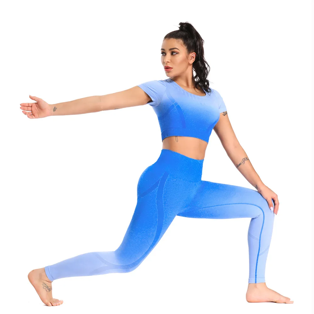 
2020 New Gradient Seamless Yoga Set High Waisted Workout Fitness Suit Sport For Women 