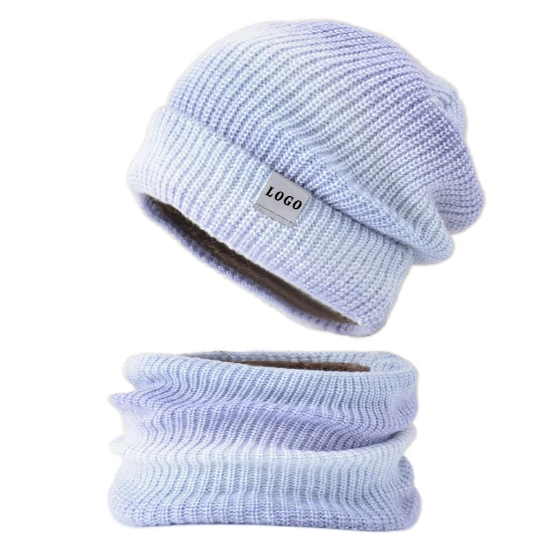 Fashion custom logo gradient knitted winter hats and scarf set for women