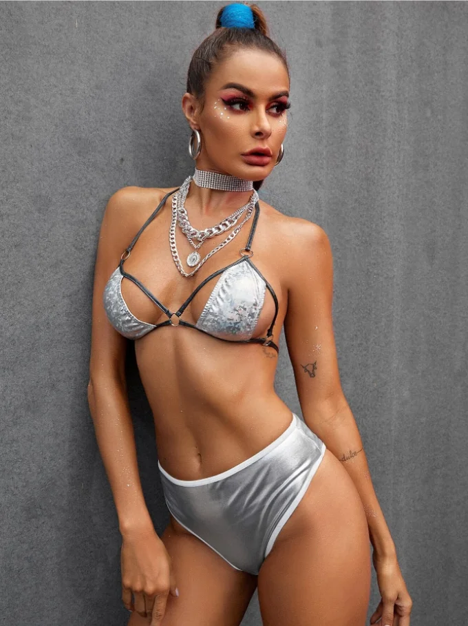 Sexy Girl Open Chest Ring Linked Costumes  Pu Hot Lingerie Sexy Open