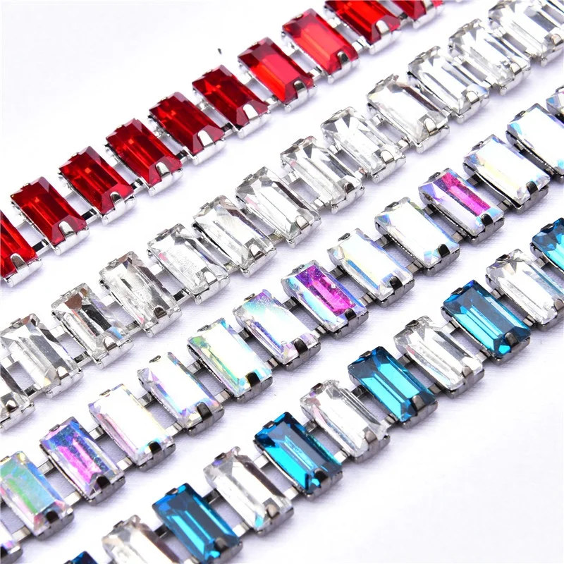 5*10Mm Long Strip Rhinestone Trimming Colored Array Rectangle Glass Strass Crystal Cup Chain For Shoes Bags Clothing Accessories