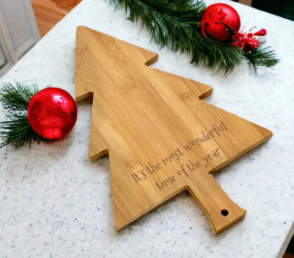 Custom family name Personalised Christmas gifts Snacks Platter cheese board bamboo wood christmas tree cutting chopping boards
