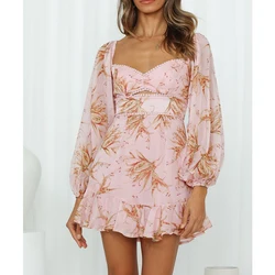 Женское летнее пляжное мини-платье с цветочным принтом, шифоновое платье с длинным рукавом в стиле бохо, повседневное облегающее пикантное платье с запахом и оборками, платье для вечеринки