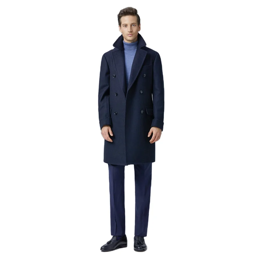 Custom made Bespoke Newest Design Trendy Premium Double Breasted Twill Wool Trench Long Coat with Pockets