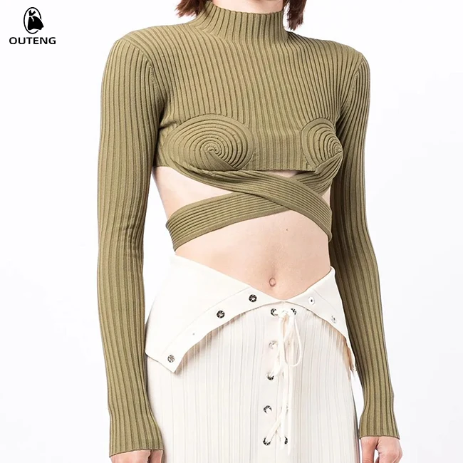 Half-High Collar Knitted Jumper Sexy Navel And Halter Sexy Cross Bandage Knitted Knit Crop Top