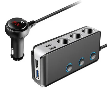 Classic one tow three car charger with independent switch car cigarette lighter charger car high-power cigarette lighter