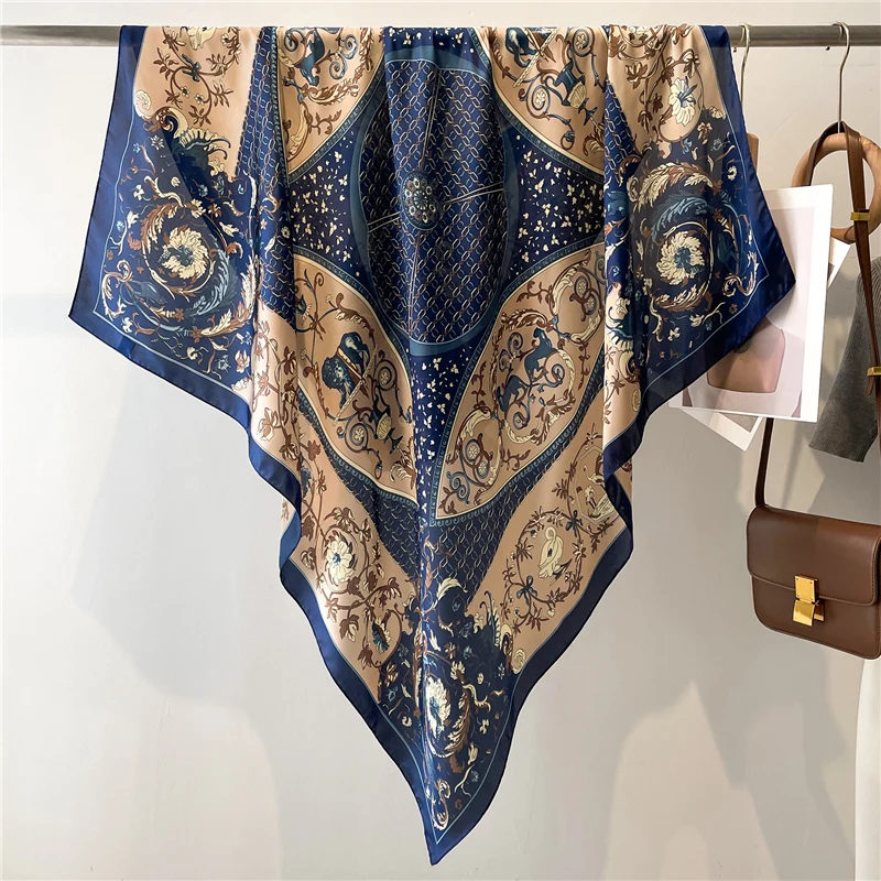 Customized Large Square Satin Scarf For Women Silk Feeling Scarves Beach Shawls Muslim Hijab Wraps Stoles Female Foulard