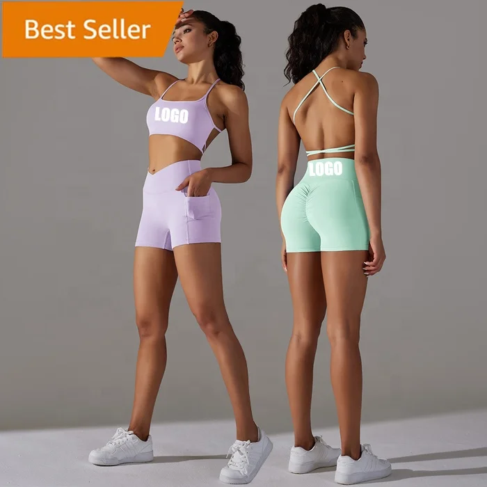Women Yoga Outfits Sexy Cross Back workout clothes Suits Seamless Sports Bra High Crossover Waist Pockets Butt Lift Shorts Set