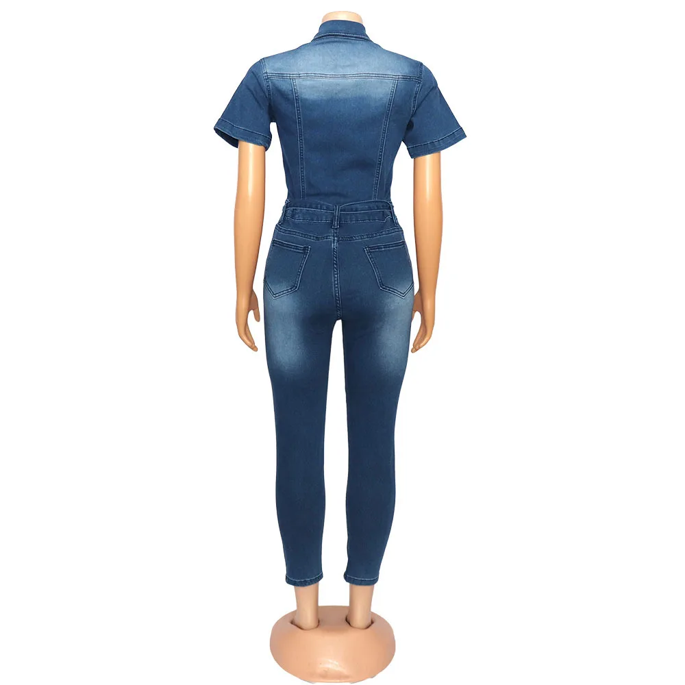 2022 Latest Design Turn-down Collar Solid Color Button Bodycon Jeans Women Trendy Style Sexy Beaded Women Denim Jumpsuit