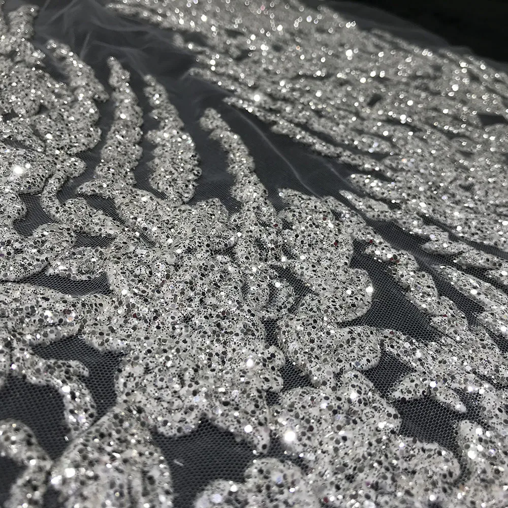 Wholesale Price 3D White Sponge Bubble Tulle Mesh Glitter Floral Lace Fabric Beautiful Design Women Party Dress Sewing Materials