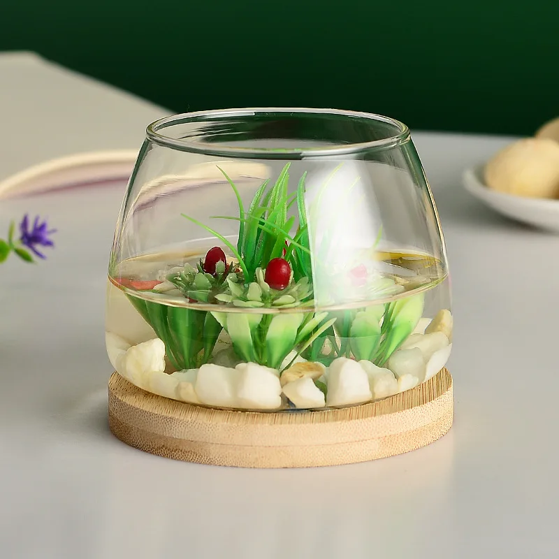 Tabletop Glass Flower Vase with Wooden Base Vase Decor for Home Office Wedding