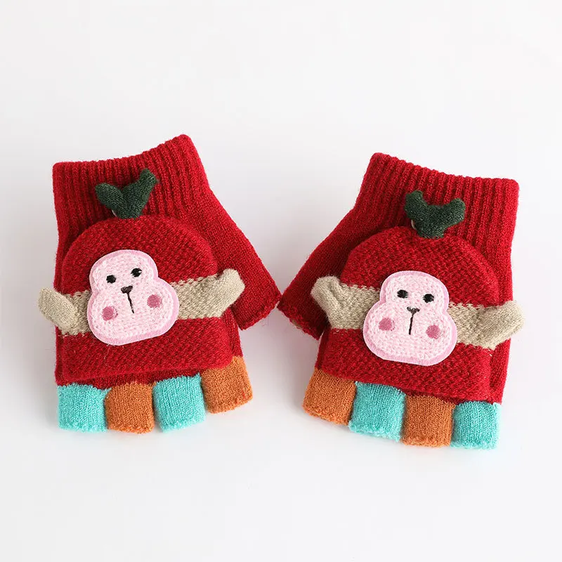 Kids Knitted Flip Cover Half Finger Gloves Cute Winter Warm Fingerless Cozy  Gloves for 2-6Y Children
