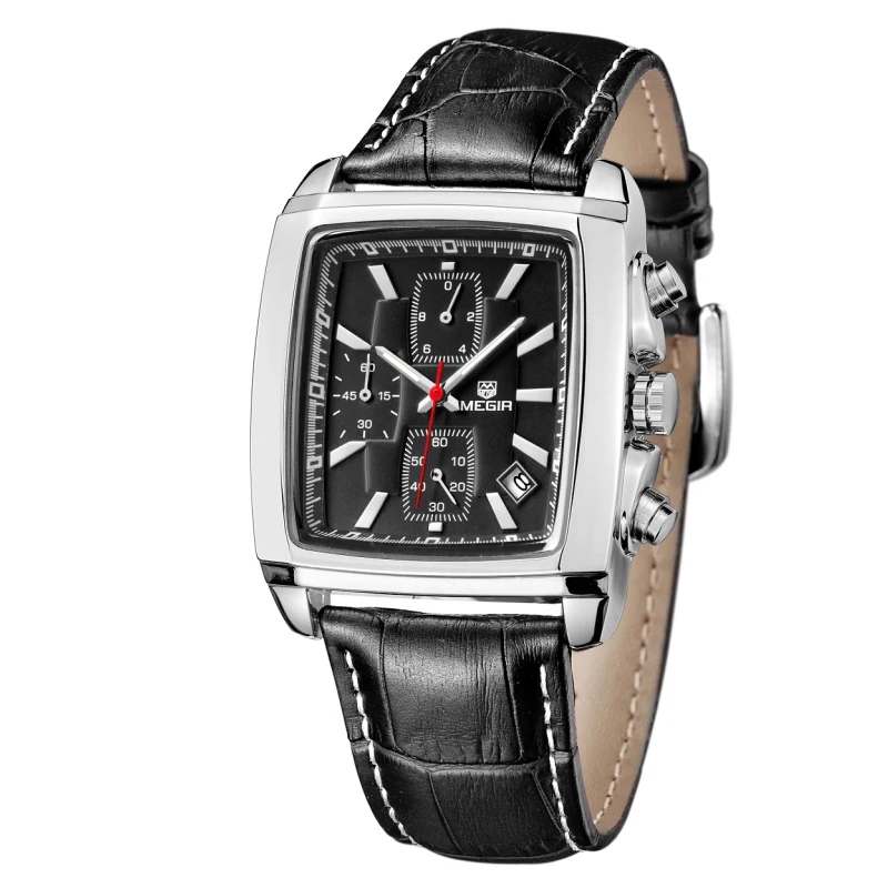Relojes Hombre MEGIR 2028 Top Brand Luxury Chronograph Quartz Watches Men Military Leather Square Watch