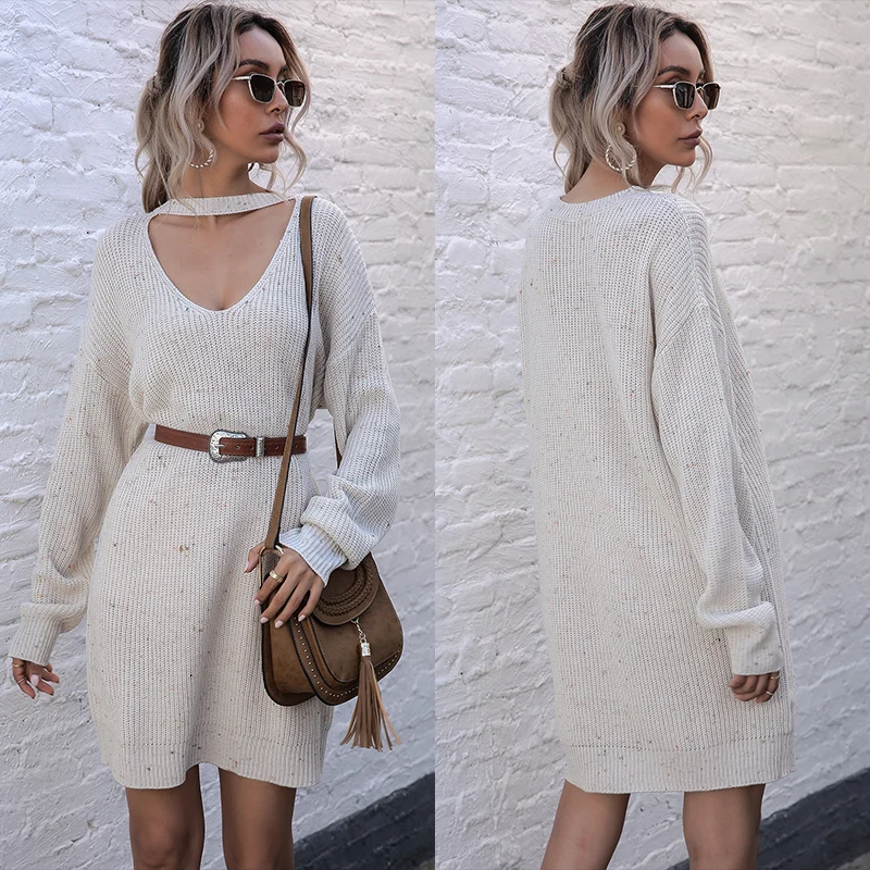 Women V NECK long sleeve winter sweater dress winter women clothing plus size fall casual sweater dress long sleeve knit