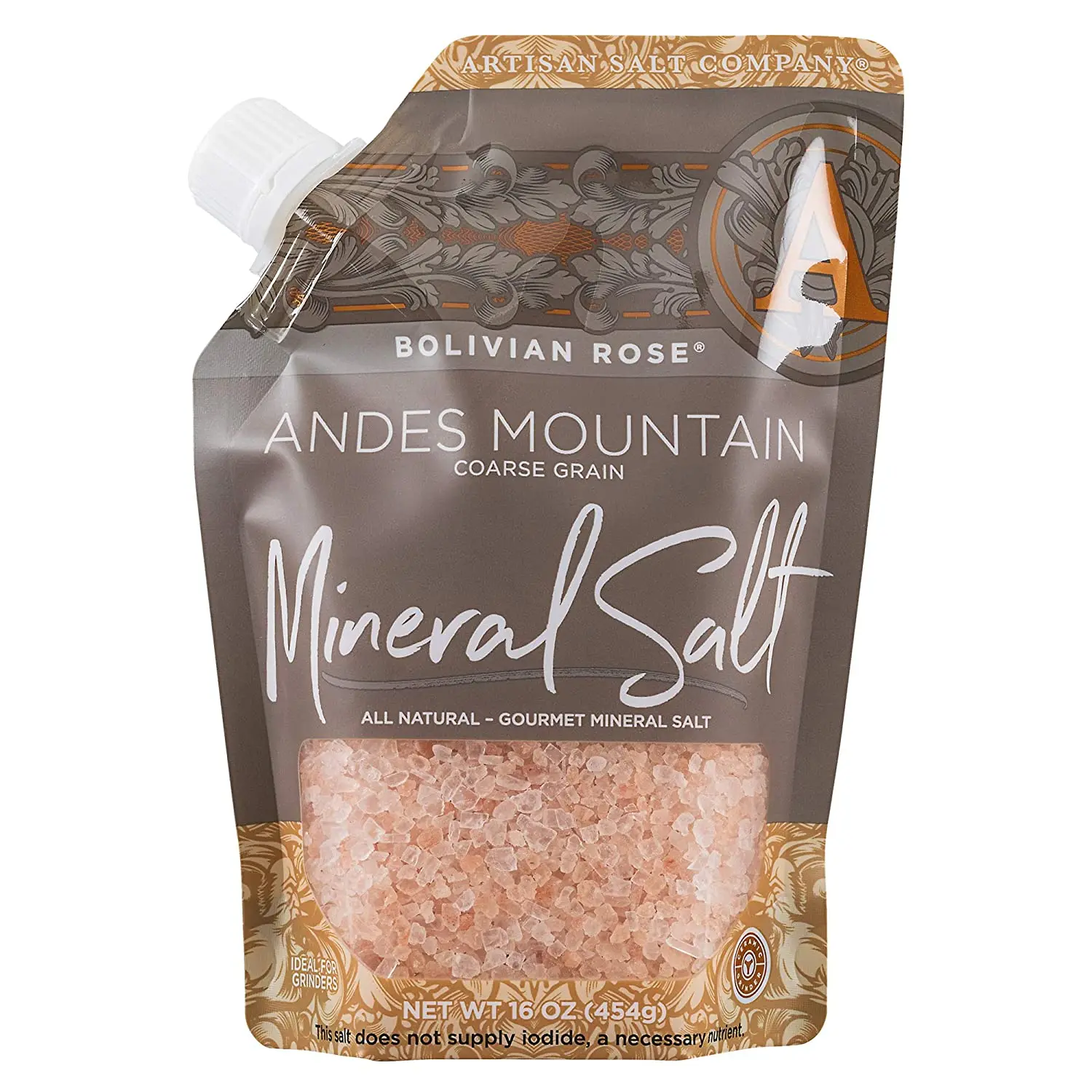 OEM Printing Logo Organic Pack Bag All Natural Pour Spout Pouch 16 Ounce Coarse Grain Bolivian Rose Andes Mountain Salt