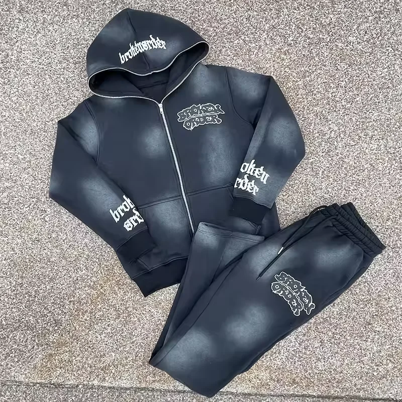 Custom Chenille Embroidery 3D Puff Printing Full Zip Up Hoodie Set Sweatsuit Cotton Sun Faded Towel Embroidery Unisex Tracksuit