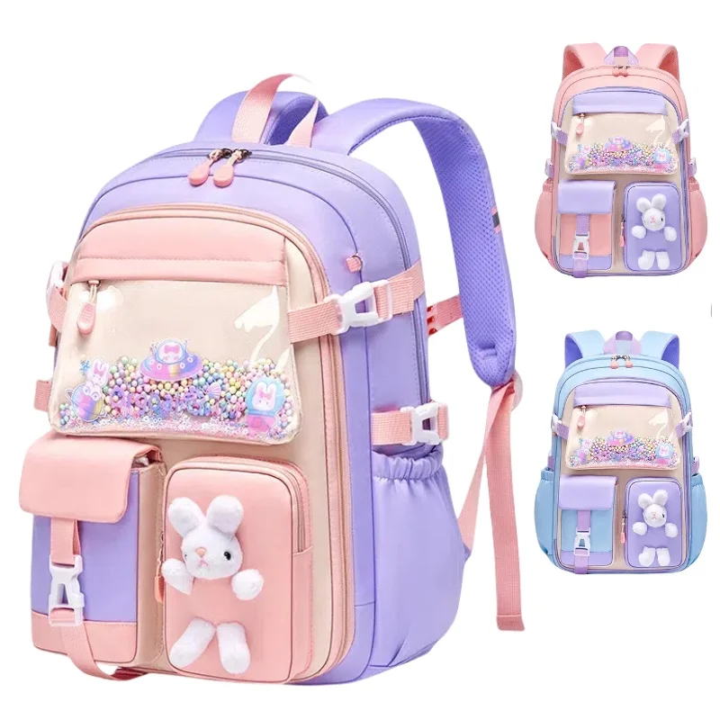 Custom Logo Large Capacity Lightweight Waterproof Girls Kids Cute Bunny Pink Purple Students Primary Book Bag Schoolbag Backpack