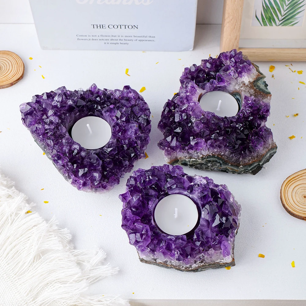 Hot selling wholesale crystal carving Amethyst cluster candlestick spiritual healing home decoration
