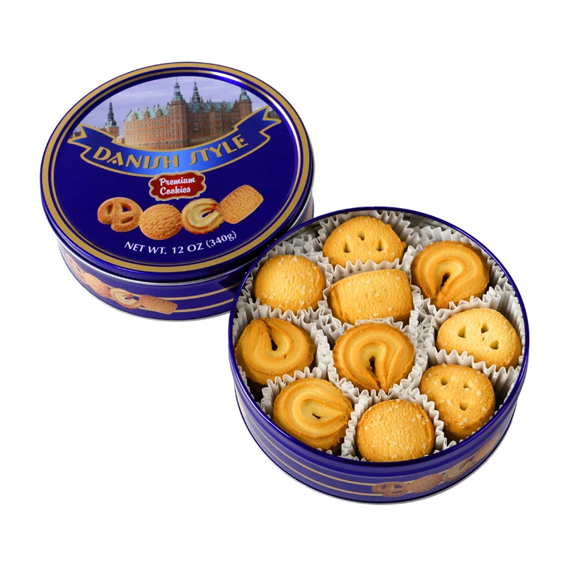 Vegetarian halal digestive bourbon biscuits and cookies custom New design blue round tin wholesale butter cookies