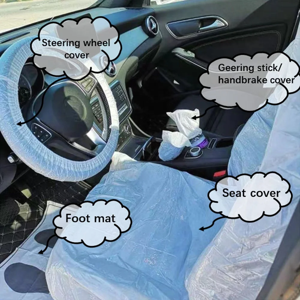 Customized Logo Protective Handbrake Steering Wheel Cover Universal PE Plastic Transparent 5 in 1 Set Disposable Car Seat Covers