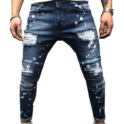 QC-102 Latest denim jean trousers ripped white dots skinny ruffle knee straight leg jeans