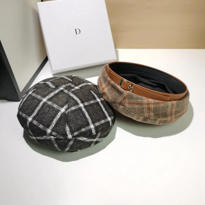 Winter Autumn Ladies Fashion Warm Plaids Wool Beret Hat