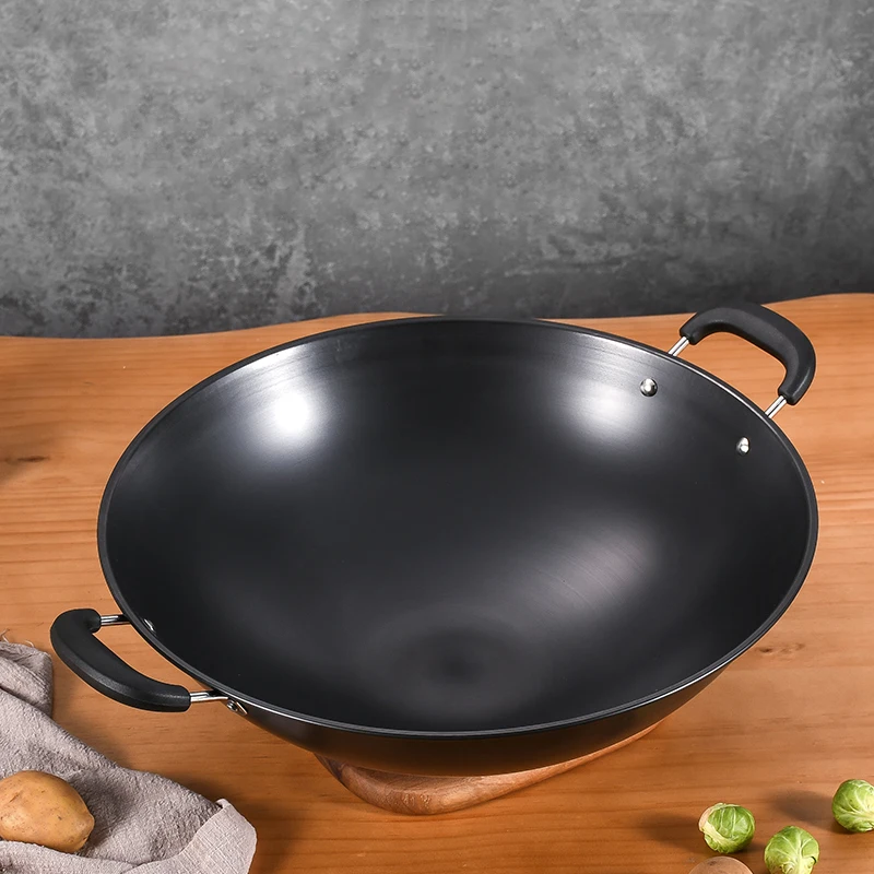 Modern Stainless Steel Black Uncoated Non Stick Braised Pan Refined Cast Iron Double Handle Anti-Rust Wok