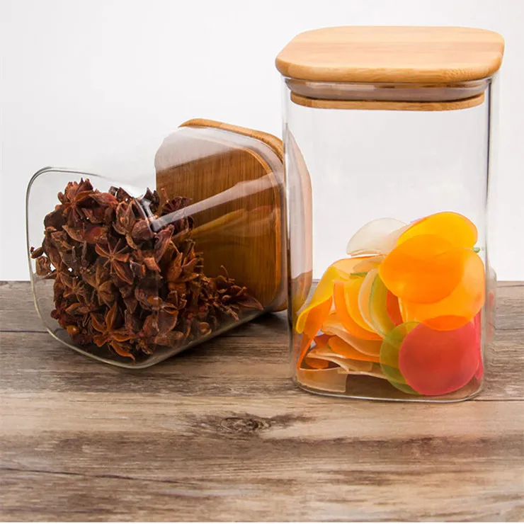 wholesale factory price different sizes square shape borosilicate glass jar with bamboo lid