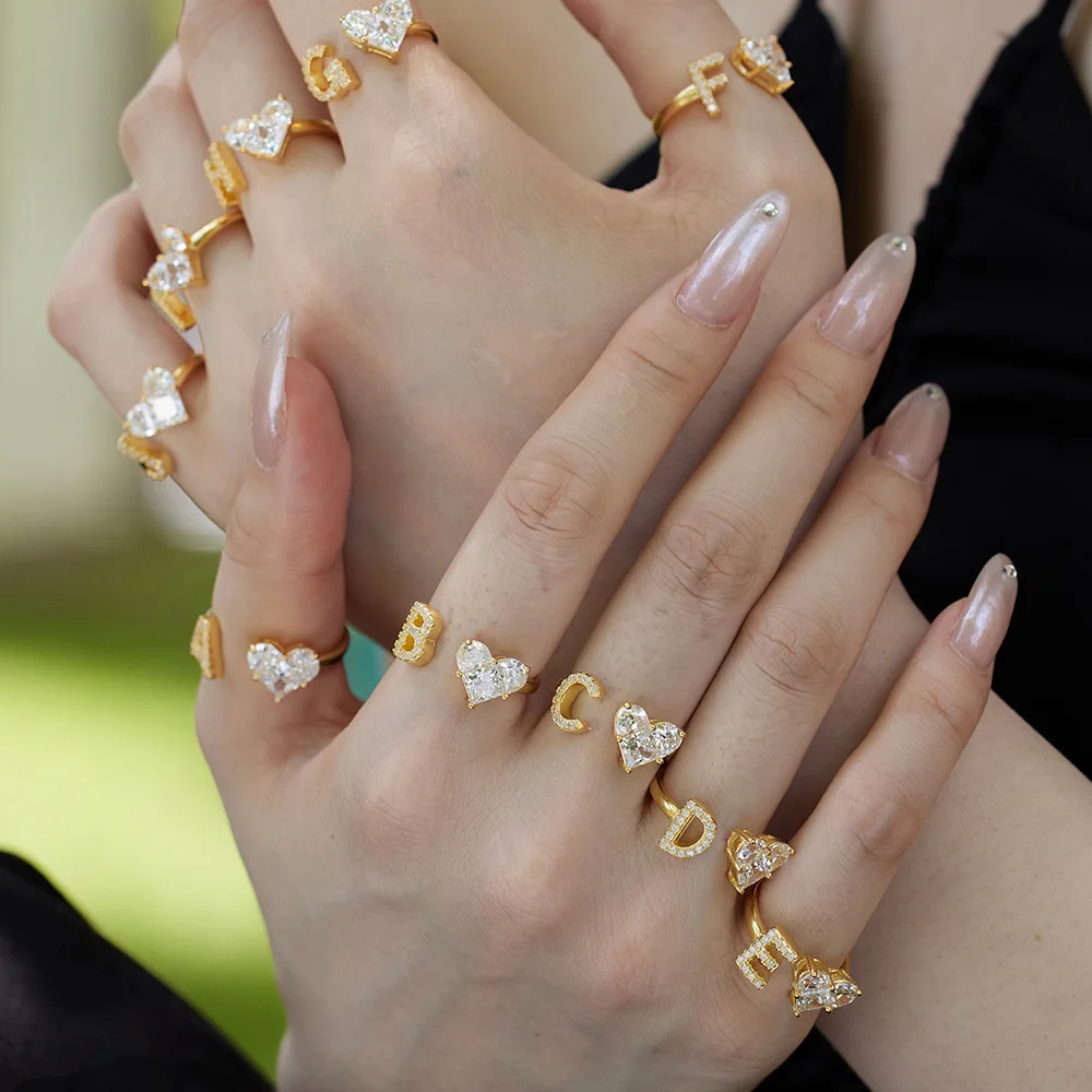 9 Toderi Fine Jewelry S925 Sterling Silver Gold plated Women lady 26Initial Alphabet Heart 5A Zircon Open Adjustable Ring