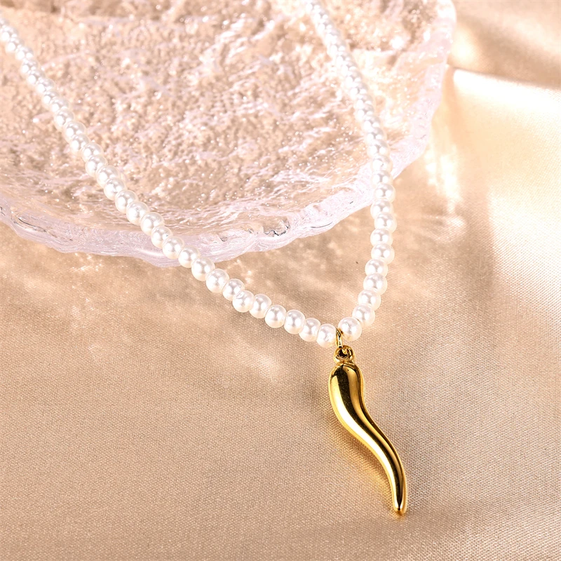 Fashion Pearl Beads Small Pepper Necklace Stainless Steel 18K Gold-Plated Pendant Necklace