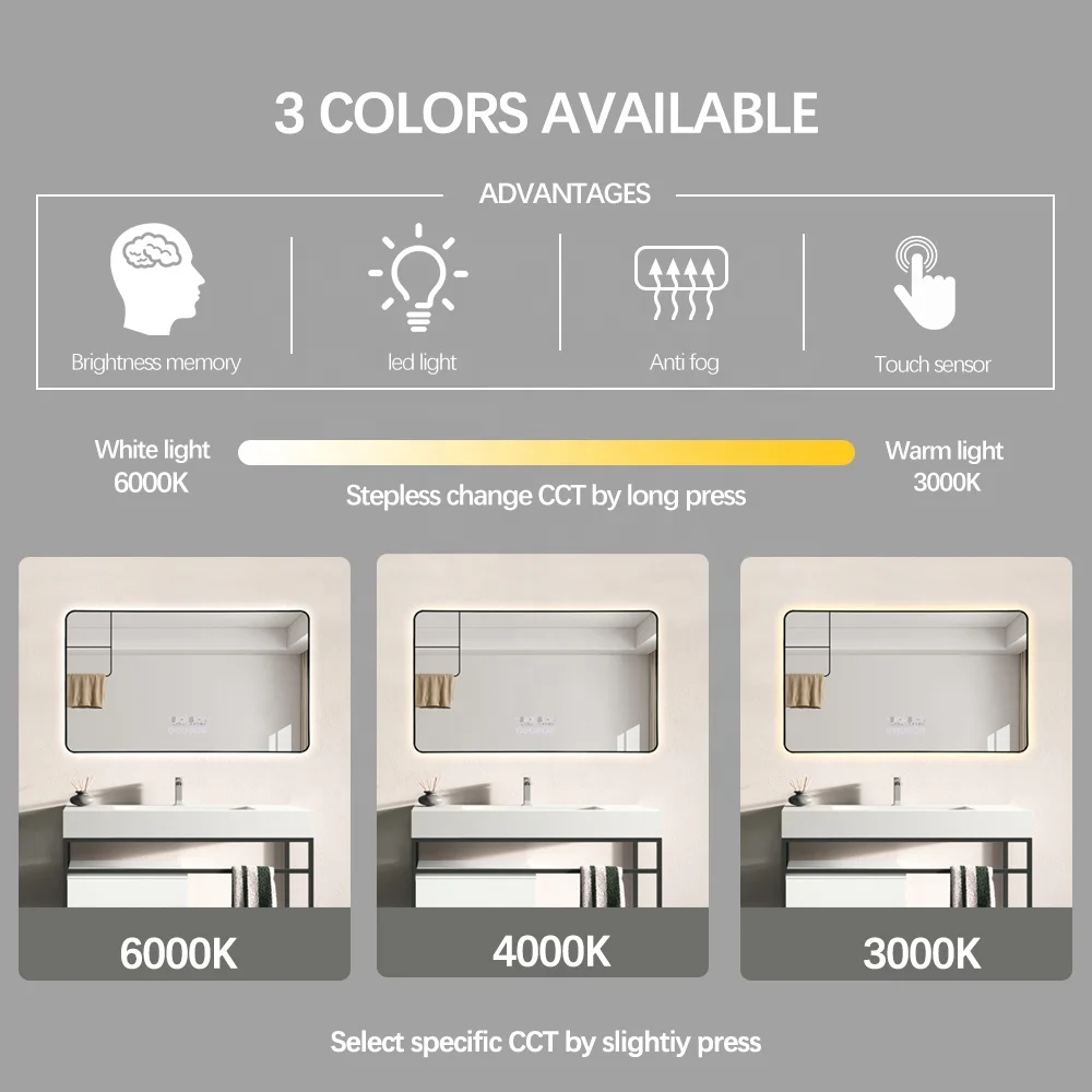 Aluminum alloy metal framed wall rectangle led backlit bathroom smart mirror hotel led lighted mirror