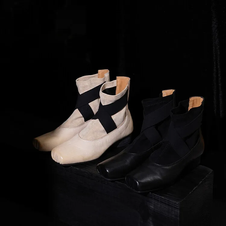 XINZI RAIN Logo Custom Leather Winter Boots Square Toe Ballerina High Quality Calfskin 3cm Heel Women Ballet Boots For Ladies