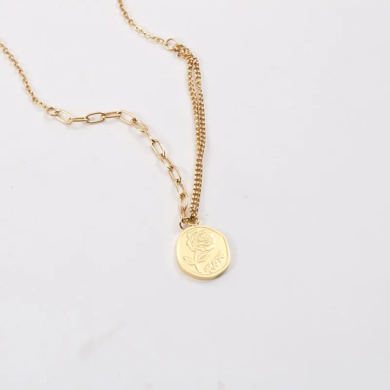 N1005 High End 18K Gold Plated No Fade Fashion Rose Flower Seal Pendant Pin Link Chain Stainless Steel Necklace