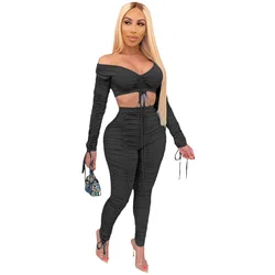 long sleeve solid color stacked two pieces crop top corset sexy women 2 piece set clothing