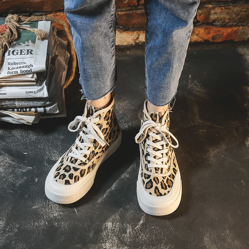 
2021 fashion sneakers leopard print casual canvas flat women shoes high top for girls women 