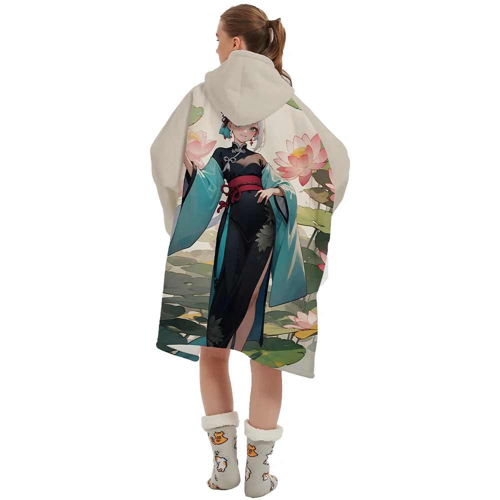 Soft Flannel Panda Wholesale Long Lined Custom Oversized Anime Printed Warmer Fleece Sherpa Wearable Sleeping Hoodie Blanket