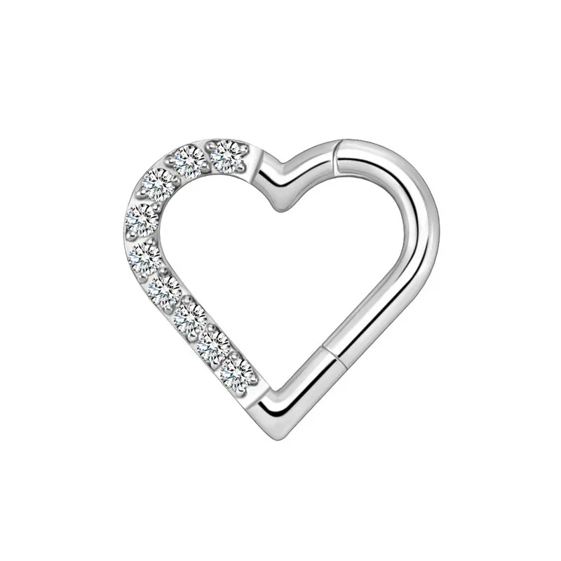 G23 Titanium Hinged Hoop Segment Sleeper Earrings Heart Shaped Zircon Nose Ring Clicker Piercings Jewelry Stainless Steel