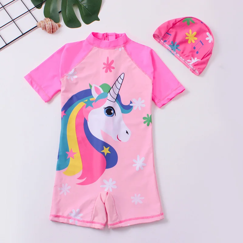 Summer Kids Swimsuit Cute Unicorn Print a girls beachwear with a hat customized baby swimsuit for girls swimsuit 1-13 Y