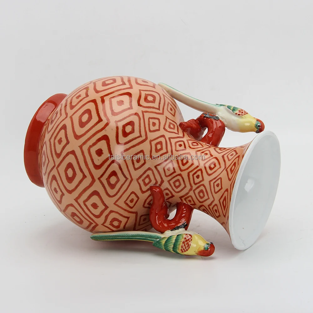V108 Oriental style bird handle red porcelain vases hand painted chinois antique vase for decoration