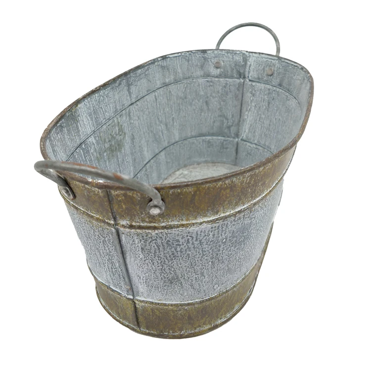 Eco-friendly Grey Planter Oval Vintage Worn And Rusty Flower Pot Metal Pot With Handle