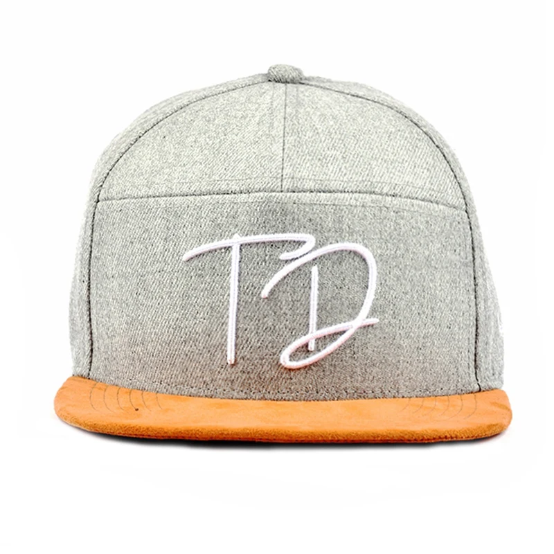 Wholesale Custom 3D Embroidery Logo Fashion Personalized Embroidered Hip Hop Flat Bill Suede Wool 7 Panel Snapback Cap