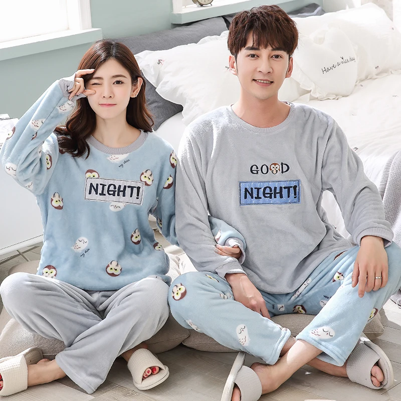 Factory Direct Winter Christmas Sleepwear Lover Sales New Design Long Sleeve Flannel Pajamas Couple Warm