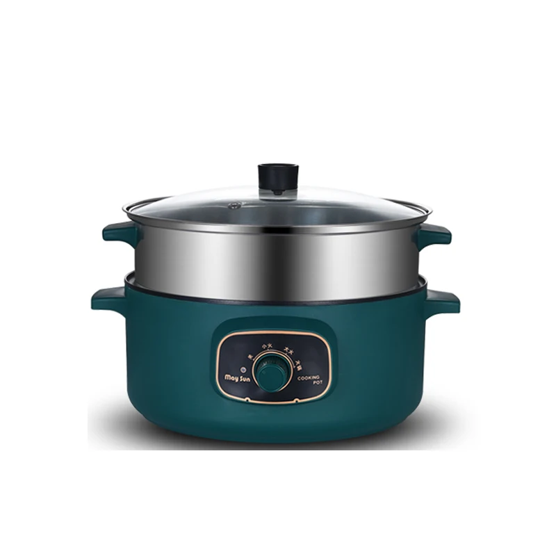 Electric Skillet Stainless Steel Tempered Glass Hot Pot Cooker Caldron Home Travel  with 1 Steamer