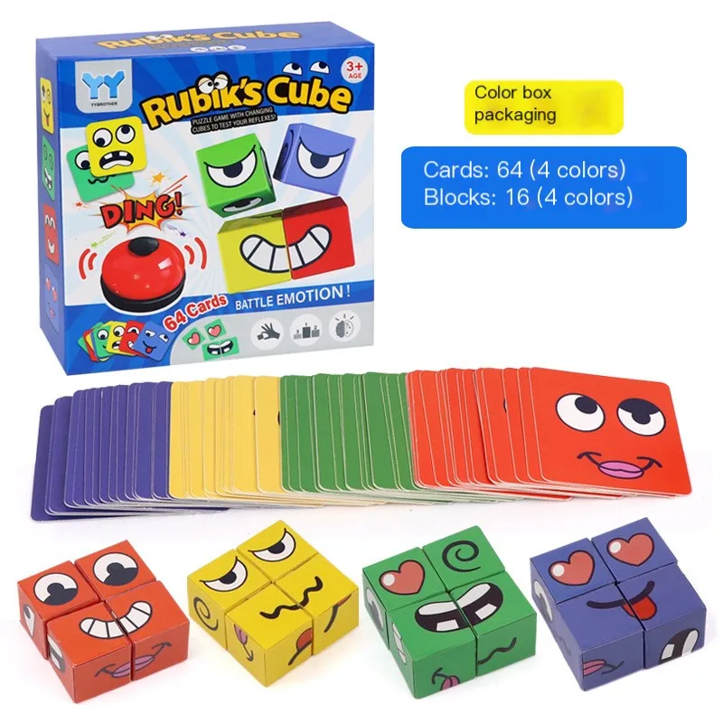 Wooden Building Blocks Face-Changing Jigsaw Puzzles Educational Learning Cubes Toy Set for Challenge with Ring Bell