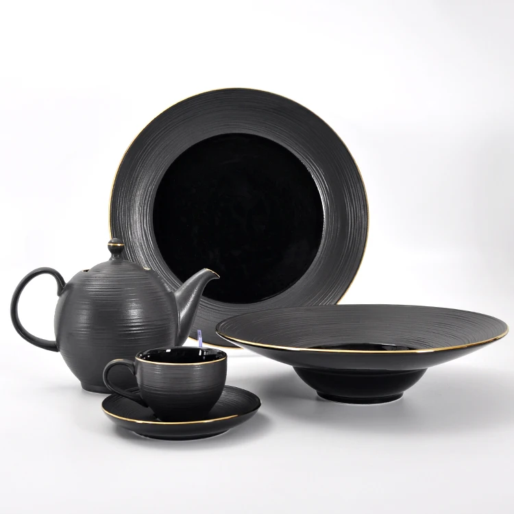 P&T Royal Ware Gold Rim Black Ceramic Cup Porcelain Coffee Set Restaurant Hotel Catering Coffee Cup with Saucer