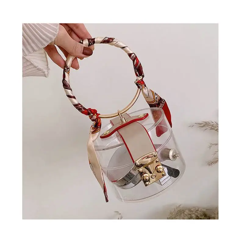 Barrel-shaped Jelly Evening Handbags PVC Fashion Women Round Metal Handle Transparent Shoulder Bag Mini Clear Small Clutch Bag