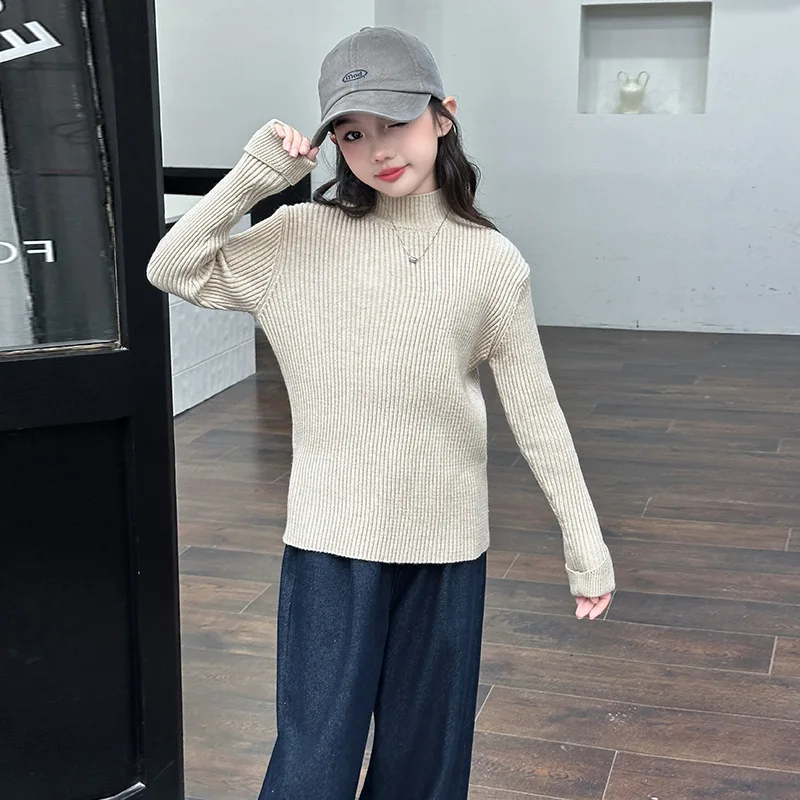2024 Youths Girls Beige Pink White Solid Tight Turtleneck Sweater 5-15 Years