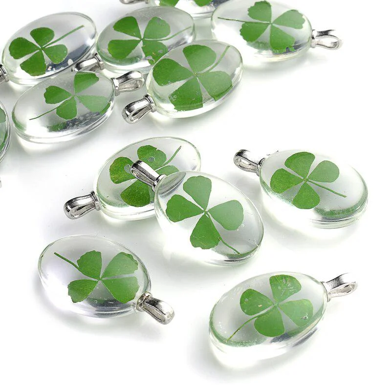 Handmade Pressed Natural Four Leaf Clover Dried Flower Grass Oval Pendant DIY Earrings Necklace Jewelry Making Findings