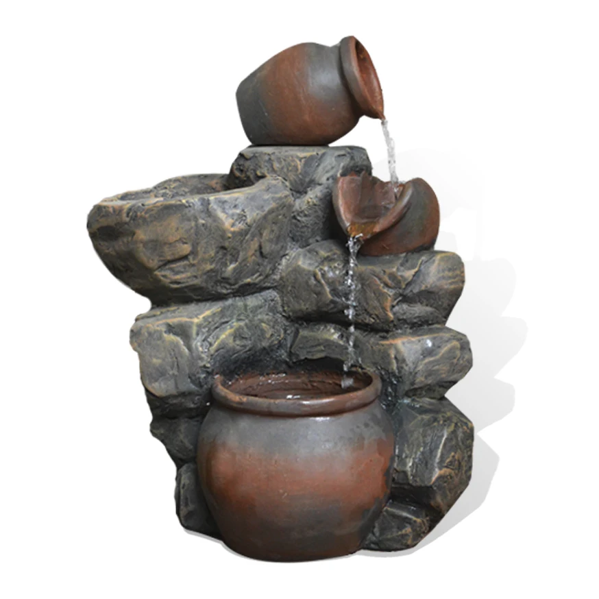 55CM High Eco-Friendly Material Water Fountain with LED lights powered by  low voltage pump in design of pot on Rock